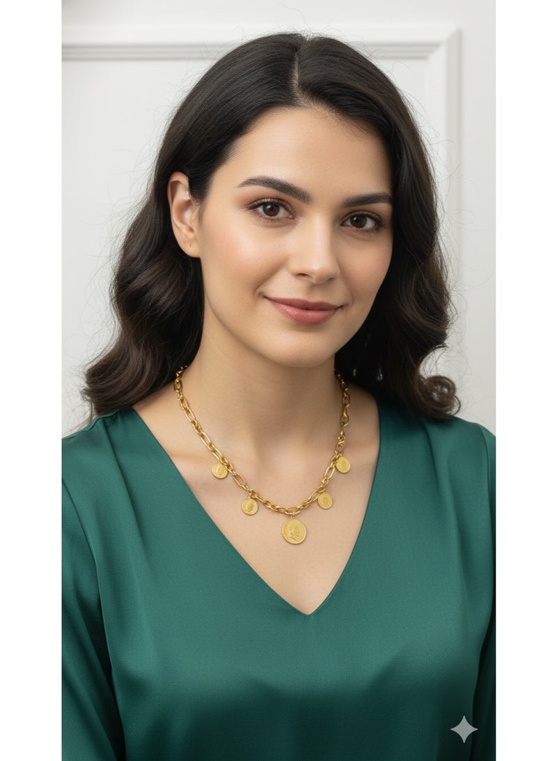 ورد سبيكة/سلسلة رقبة بوهيمية مطلية بالذهب بتصميم دوائر معدنية متدلية - أنيقة وعصرية. - Image 1